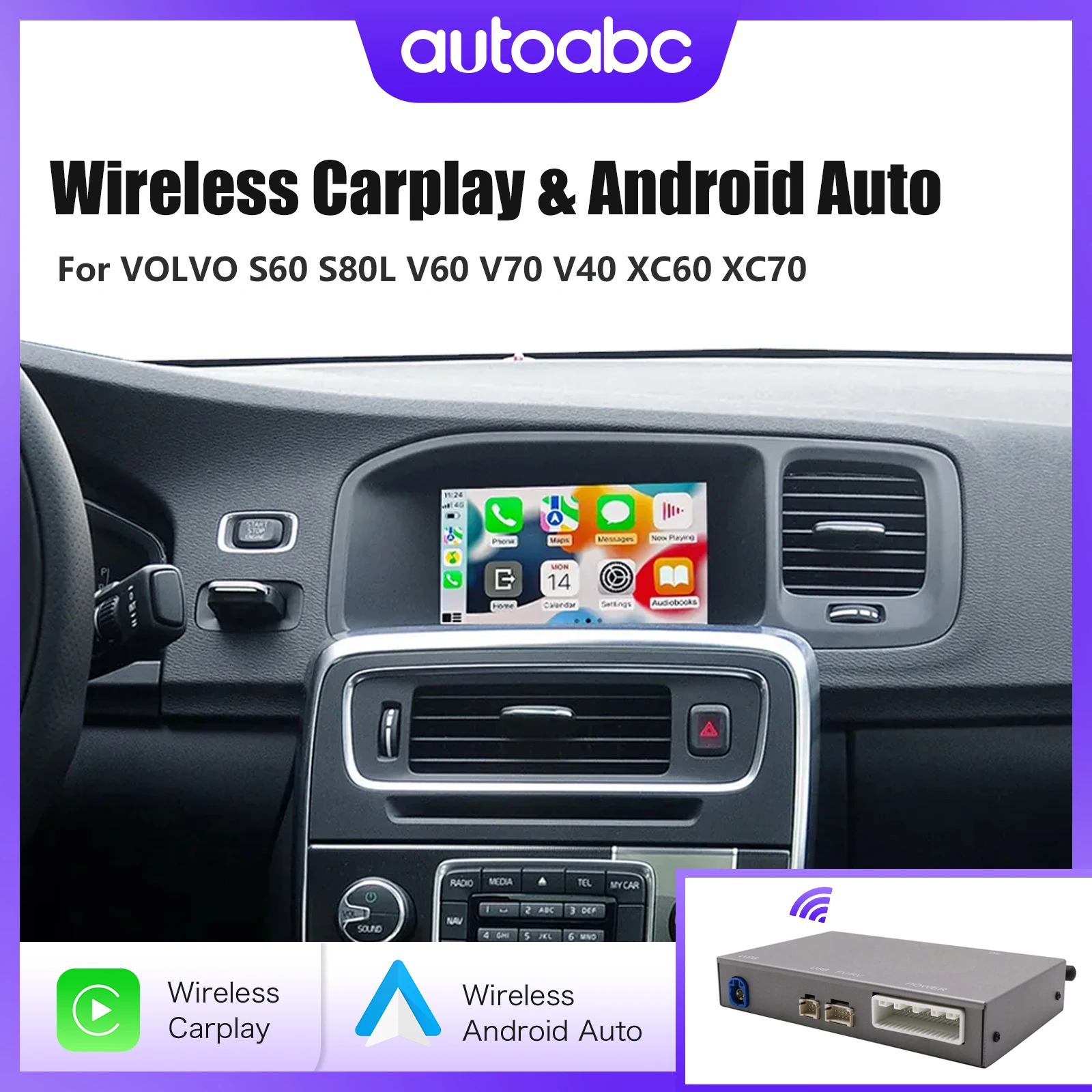 Drahtlose CarPlay Android Auto-Decoderbox für Volvo xc60 s60l v60 v40 s60 mit Rückfahrkamera, unterstützt Multimedia-Navigation Image