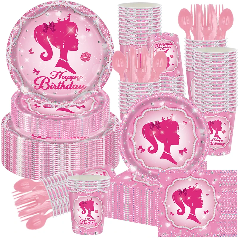 Neue Prinzessin Geburtstag Party Dekoration Geschirr Rosa Prinzessin Thema Teller Tassen Servietten Ballon Mädchen Geburtstag Party Supplies kit