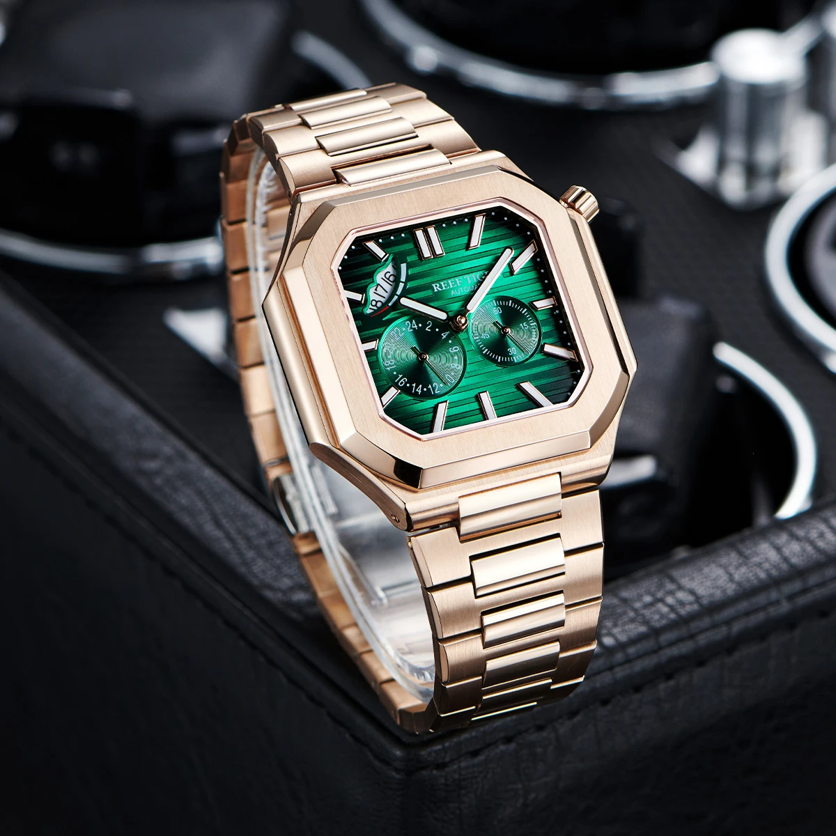 Reef Tiger RT Herren-Luxus-Armbanduhr, quadratisch, Roségold, grünes Zifferblatt, 24-Stunden-Datum, leuchtende automatische mechanische Uhren RGA20S9