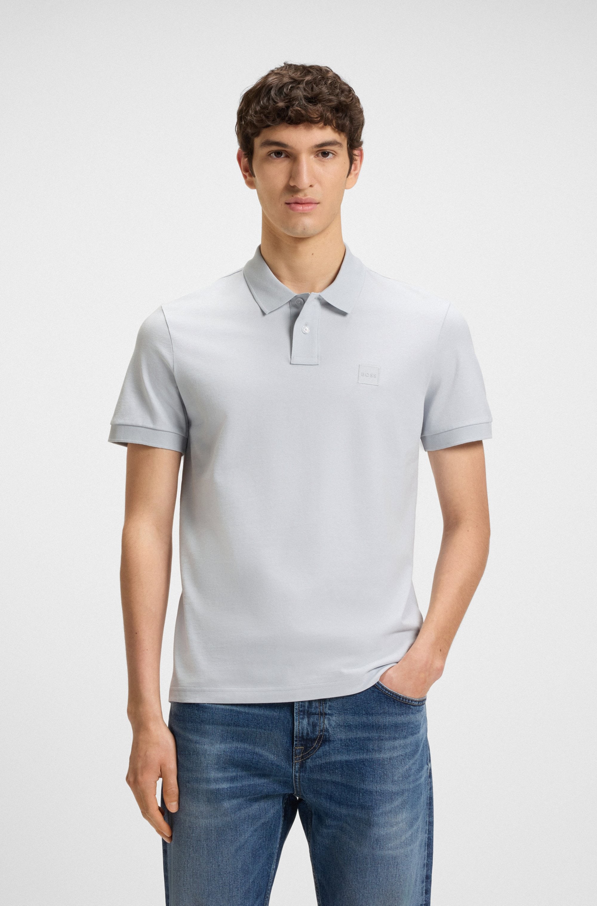 Poloshirt BOSS ORANGE "Passenger", Herren, Gr. L, grau (light, pastel grau053), Jersey, Obermaterial: 95% Baumwolle, 5% Elasthan, Basic hüftbedeckend, hoch geschlossener Ausschnitt, eng Bündchen, Shirts, mit Polokragen