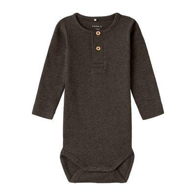 Langarmbody NAME IT "NBMKAB LS BODY NOOS", Baby, Gr. 86, N-Gr, delicioso detail:melange, Jersey, Rippware, Obermaterial: 57% Baumwolle, 38% Modal, 5% Elasthan, meliert, unifarben, casual, regular fit, Rundhals, Langarm, Bodies Image
