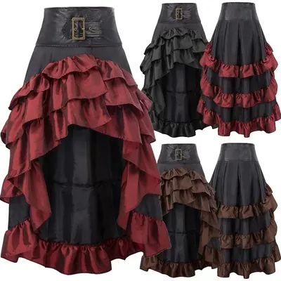 Vintage Damen Piratenröcke Rüschenbesatz Gothic Unregelmäßiges Korsett Passende Röcke Steampunk Mittelalter Showgirl Partykleid Image