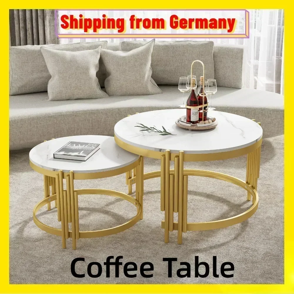 Comanlai 2-in-1-Couchtisch-Set, runde MDF-Tische mit Marmoroptik und goldenem Metallrahmen, moderner Couchtisch für das Wohnzimmer
