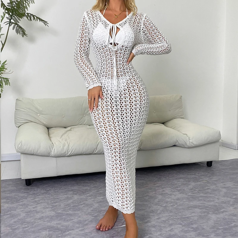 Frauen Strand Urlaub Langarm Binden Sonnencreme Kittel Stricken Einfarbig Beachwear Cover Up Elegante Aushöhlen Langes Kleid Image