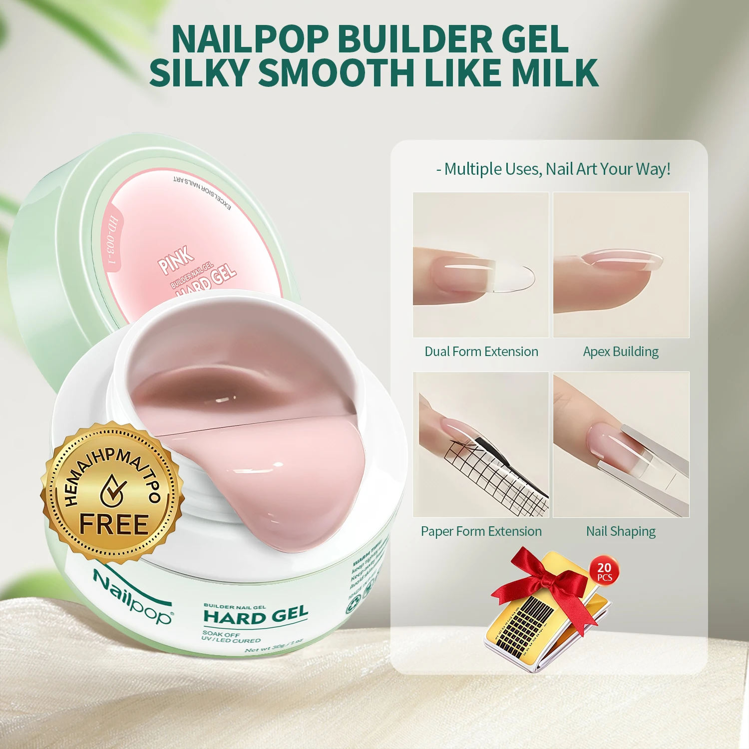 Nailpop HEMA-FREE Builder Gel 30 g für Nagelverlängerung, milchig glatt, klar/rosa, langlebig, schnell aufbauend, Soak Off UV-Nagelgel Image