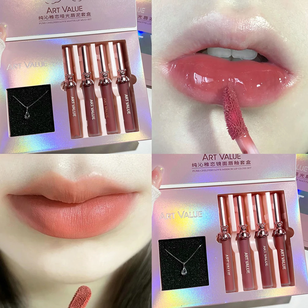 Matt Flüssigen Lippenstift Lip Gloss Set Feuchtigkeitsspendende Sexy Rot Make-Up Spiegel Lip Glasur Halskette Lipgloss Kosmetik Für Frauen Geschenk