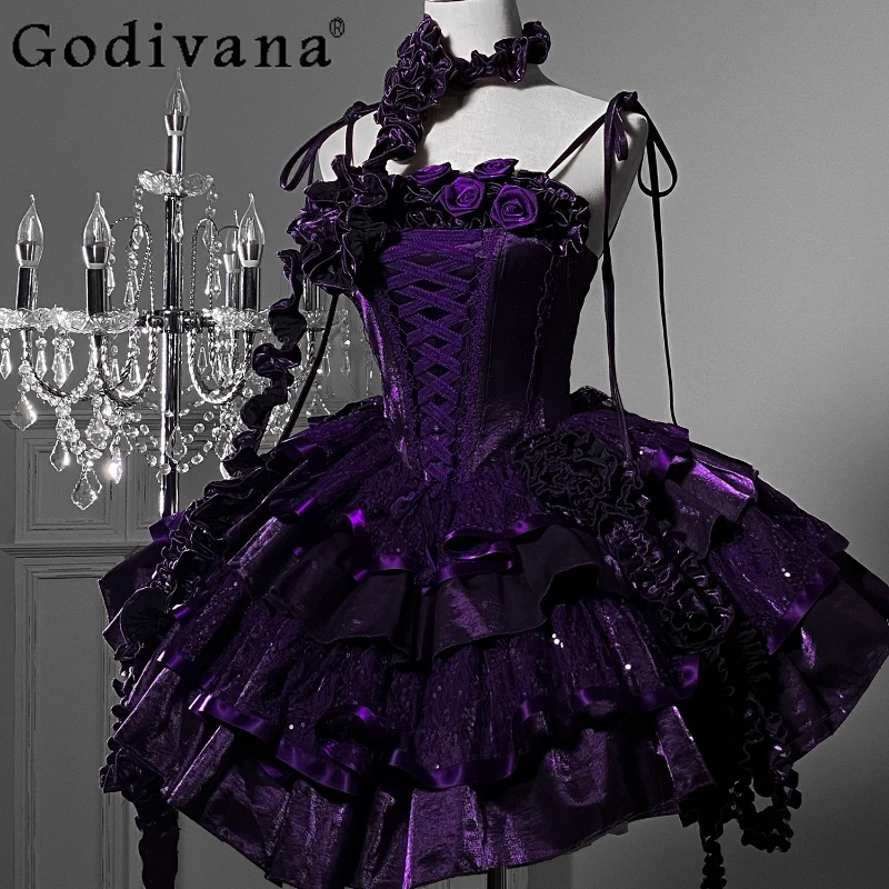 Original Halloween Cos Lila Spitze Blume Slim-fit Fishbone Jsk Kleid Lolita Gothic Mädchen frauen Romantische Party Kurze kleider