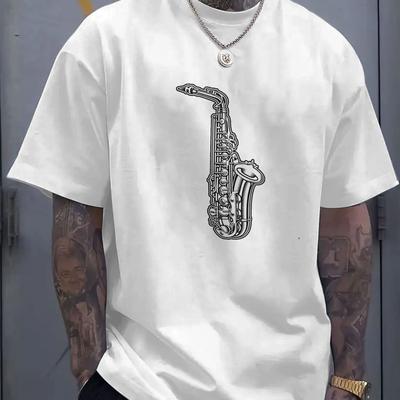 TEMU Dxr 287 Saxophone Men's Casual T-shirt - Stylish Music-themed Round Neck Short Sleeve Tee, Black With White Saxophone Graphic, Summer, Casual Attire | Saxophone Print | Quality Design, T Shirt Image