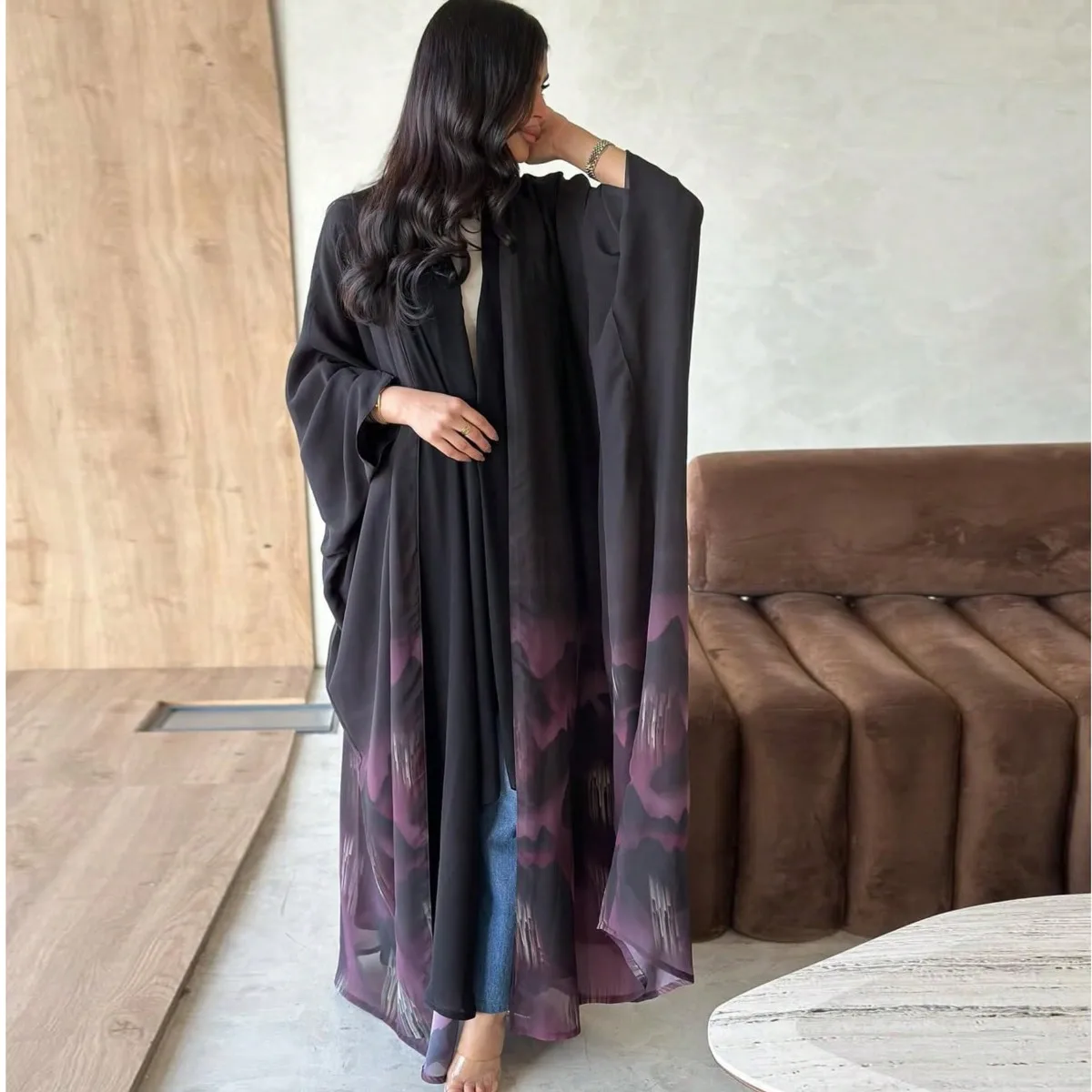 Naher Osten, lockere Batik-Abaya, volle Ärmel, vorne offen, Abayas, eleganter Kaftan, arabische Maxikleider für Damen, Jilbabs ohne Hajib