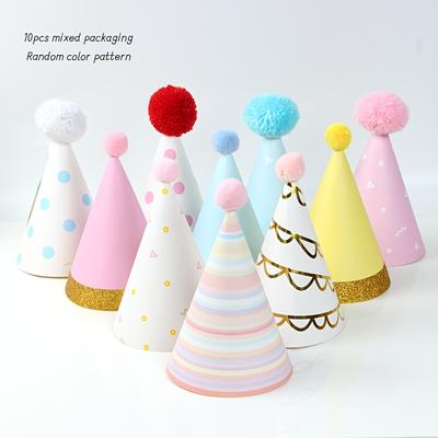 TEMU 10pcs Colorful Pom-pom Birthday Hats - Fun Party Accessories With Hearts, Stars & , Random Colors, Paper Material, Birthday Celebrations, Birthday Party Decoration Image