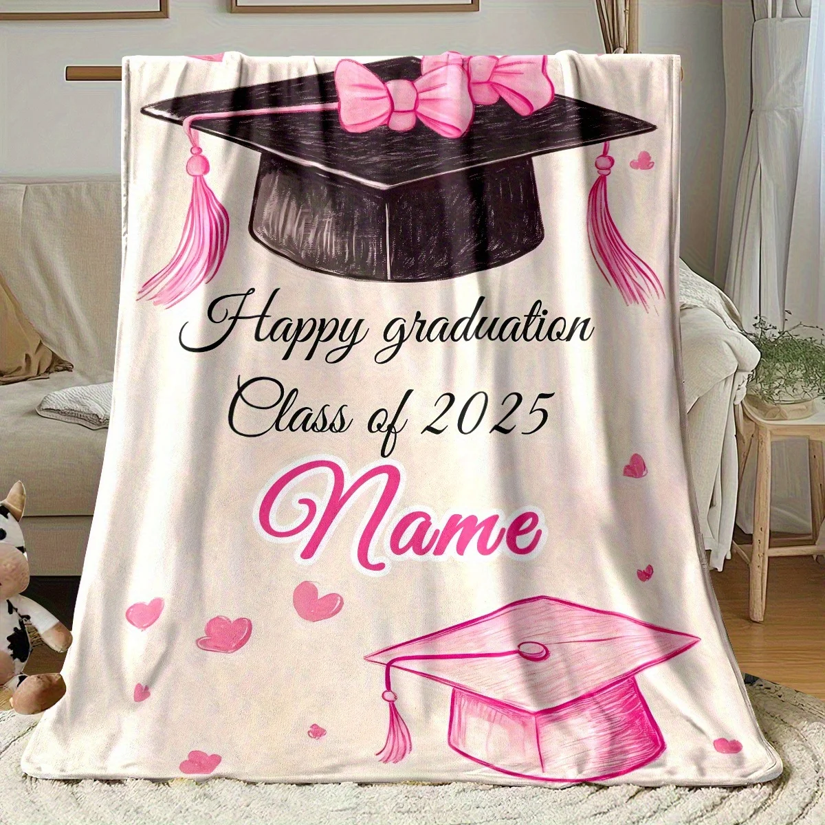 Personalisierter Name, rosa Abschlusshut, Geschenkdecke, leichte Flanell-Heimeinrichtung, Bettwäsche, Decke, geeignet für Sofabetten Image