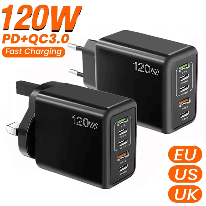 120W Multi Ports Schnellladegerät USB PD Schnellladung Handy Wandadapter für iPhone Xiaomi Samsung EU US Stecker Typ C Ladegerät Image