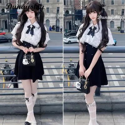 Jirai Kei Outfit Umhang Kleid Lolita Damen Ärmelhemd 2025, Kawaii Schleife, schwarze Röcke, Y2K, süßes japanisches Cosplay-Dienstmädchen-Kostüm Image