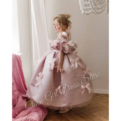 Maßgeschneidertes rosa Blumenmädchenkleid für die Hochzeit, bauschige Mini-Schleife, bodenlang, Image
