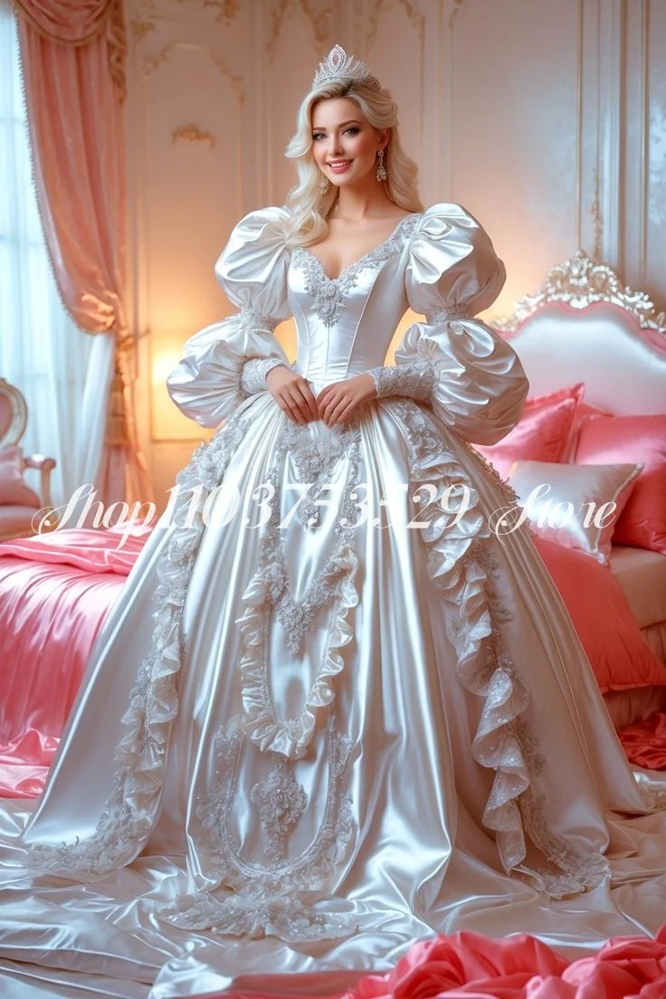 Elfenbein Traum Party Brautkleider Schwarz und Weiß Prom Satin Blase Langarm Spitze Applikationen Mittelalterliche Abendkleider Maßgeschneidert Image