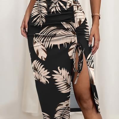 TEMU Plant Print Drawstring Split Bodycon Skirt, Elegant High Waist Skirt For , Women's Clothing Image
