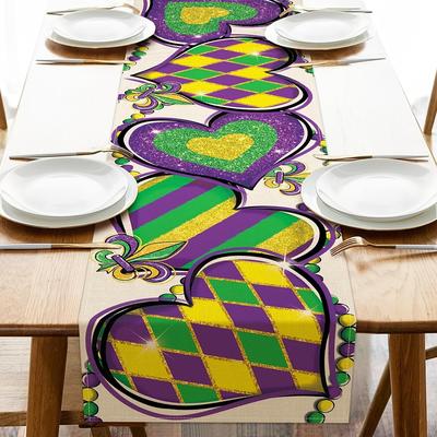 TEMU 1pc Mardi Gras Glitter Diamond Stripes Table Runner - Rectangular Woven Linen With Fleur Beads, New Orleans Carnival Dining Decor, Indoor Outdoor Home Party Accessory Image