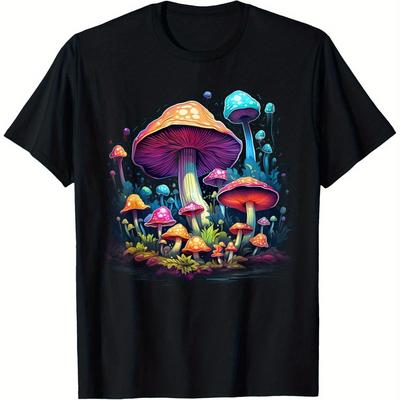 TEMU Men's Retro Mushroom Print Cotton T-shirt - Breathable Crew Neck Tee With Vibrant Graphic Design, 180gsm Knit Fabric For Casual, Sports, Hiking, Beach & Festive Occasions - Black, Mushroom Tshirt Image