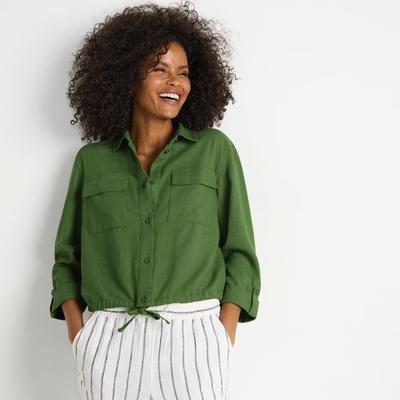 Cropped Linen Blend Tie Hem Shirt, Women, size: 16-18, regular, Green, Linen/Viscose, by Lands' End