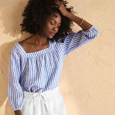 Square Neck Three Quarter Sleeve Linen Top, Women, size: 10-12, regular, Blue, Linen, by Lands' End