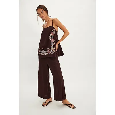 Sightseer Embroidered Linen Set at Free People in Espresso Combo, Size: Small
