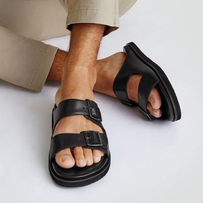 Leather Double Buckle Sandals, Men, size: 7, regular, Black, Leather, by Lands' End