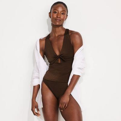 Shine Knot Front Tie Back Tankini, High Waisted - 2 piece, Women, size: 16-18, regular, Brown, Spandex/Nylon-blend, by Lands' End