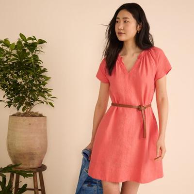 Smocked Linen Dress, Women, size: 10-12, regular, Orange, Linen, by Lands' End