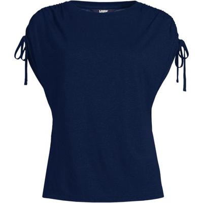 Linen Blend Ruched Sleeve Top, Women, size: 14-16, petite, Blue, Linen/Viscose, by Lands' End