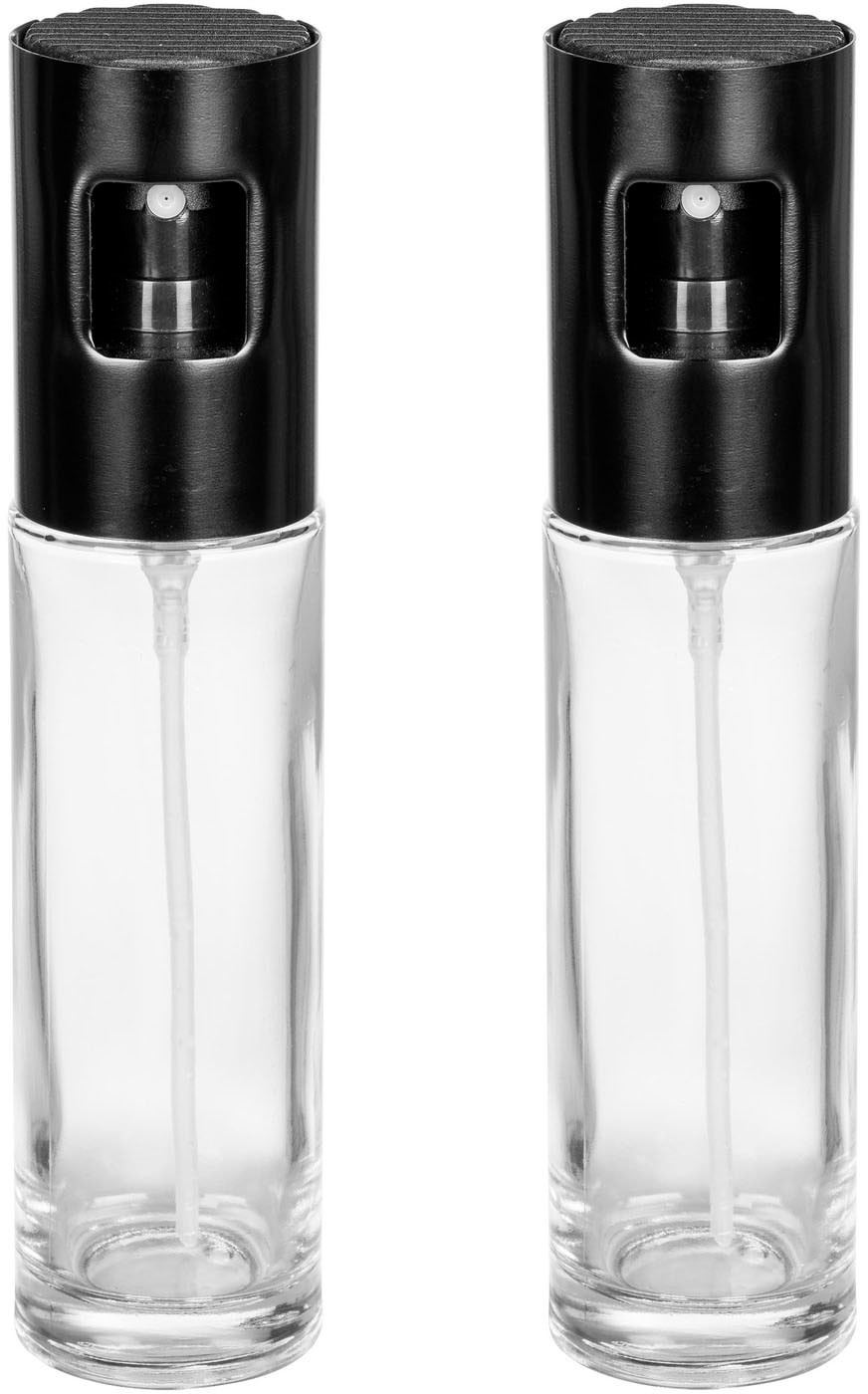 Ölspender WENKO "Modell Nevo", schwarz (behältnis: transparent, sprühkopf und pumpknopf: schwarz), H:17,8cm Ø:4cm, Menage-Sets, Sprüher für Öl & Essig, Sprühkopf aus rostfreiem Edelstahl, je 100 ml