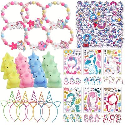 TEMU Unicorn Theme Party Set With 12pcs Unicorn , 6 Hair Bands, 6 Diy Puzzle Stickers, 6pcs Bracelets And 50pcs Waterproof Stickers, Birthday Party Supplies Unicorn Decorations Image