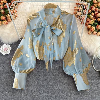 TEMU Women's Elegant Floral Embroidered Long Sleeve V-neck Blouse With Detailing, Light Blue Fabric, Casual And Formal Occasions, Ladies Blouses Image