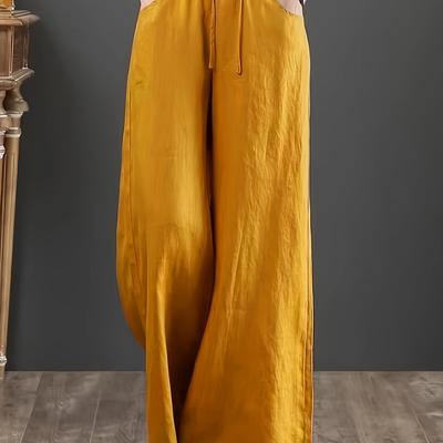 TEMU Women's Mustard-yellow Viscose Linen Wide-leg Pants - High-waisted Drapey Loose Fit Trousers With Elastic Waistband & Cuffed Ankle For Spring Summer Fall, Casual & Office Wear, Ladies Pants Image
