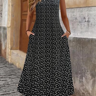 TEMU Women's Plus Size Polka Dot Sleeveless Dress - Casual With Pockets, Round Neck, Stretch Fabric, Black & White Dots, Summer , Nontransparent Material Image