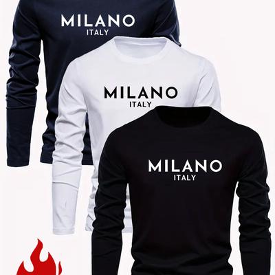 TEMU Men's Long Sleeve T-shirt 3pcs, Casual Round Neck, Polyester And Elastane , Non-transparent Letter Print - Machine Washable Image