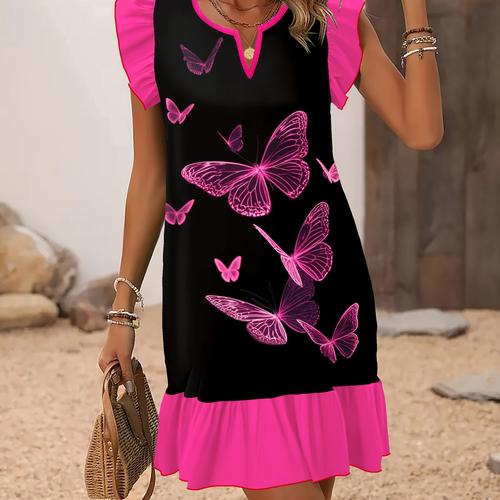 TEMU Jupe d'Été Femme, Style Moderne pour et , Design Simple Polyvalent, Robe à Col V avec Imprimé Papillon Innovant et Artistiques Libres