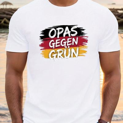 "TEMU Men's Casual Crew Neck T-shirt With "opas Against Green" Print – Lightweight, Breathable Summer Top For Casual Attire, Beige With Black & Yellow Text, Soft Fabric For Comfortable Wear, Tee Shirts" Image