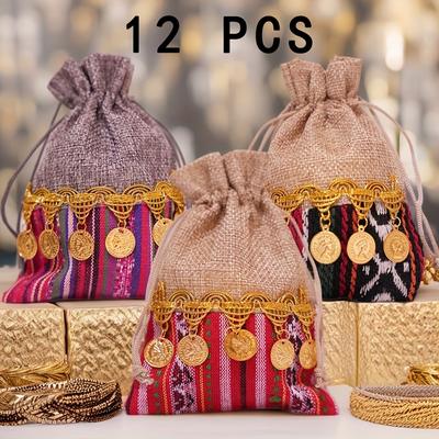 TEMU 12pcs Vibrant Indian-inspired Drawstring Bags - Durable Jute With Embellishments, Ideal For Jewelry, Weddings & Birthday Parties, Party Favor Bags|traditional Design|jute Material, Jewelry Bag Image