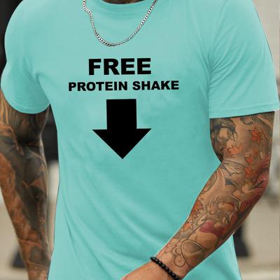 "TEMU Men's Casual Summer Graphic T-shirt - "free Protein Shake" Design, Yellow Crew Neck, Short Sleeve, Polyester Blend, Lightweight & Breathable For Fitness & Casual Attire, Gym Shirts" Image