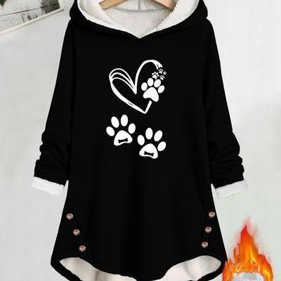 TEMU Women's Thermal Fleece-lined Hooded Sweatshirt - 100% Polyester 180gsm, Loose Fit Casual Pullover With Paw Print & Heart Graphic, Machine Washable Winter Top For Dog Lovers Image