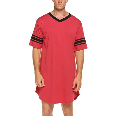 Männer Baumwolle Nachthemd Kurzarm V-ausschnitt Weiche Lose Nachtwäsche Bequeme Männer Nachtwäsche Männliche Homewear Sleep Image