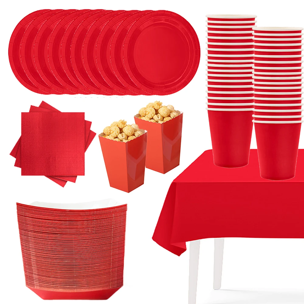 Solides rotes Thema, einfaches Einweggeschirr, Geburtstagsfeier, Hochzeit, Dekoration, Zubehör, rote Geburtstags-Papierservietten, Tassen, Teller Image