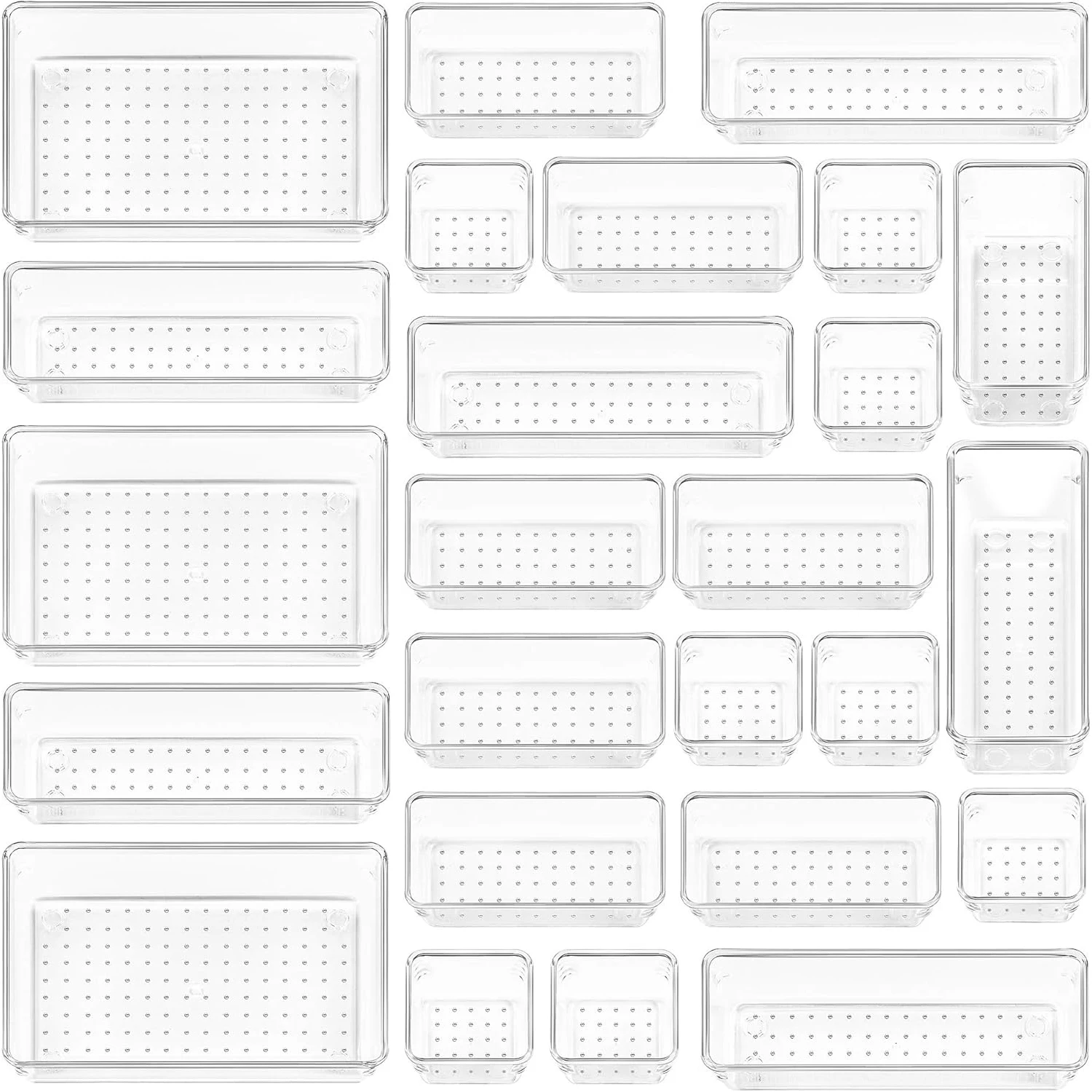 25-teiliges Schubladen-Organizer-Set aus durchsichtigem Kunststoff, vielseitiges Badezimmer- und Schubladen-Organizer in 4 Größen, Aufbewahrungsbehälter
