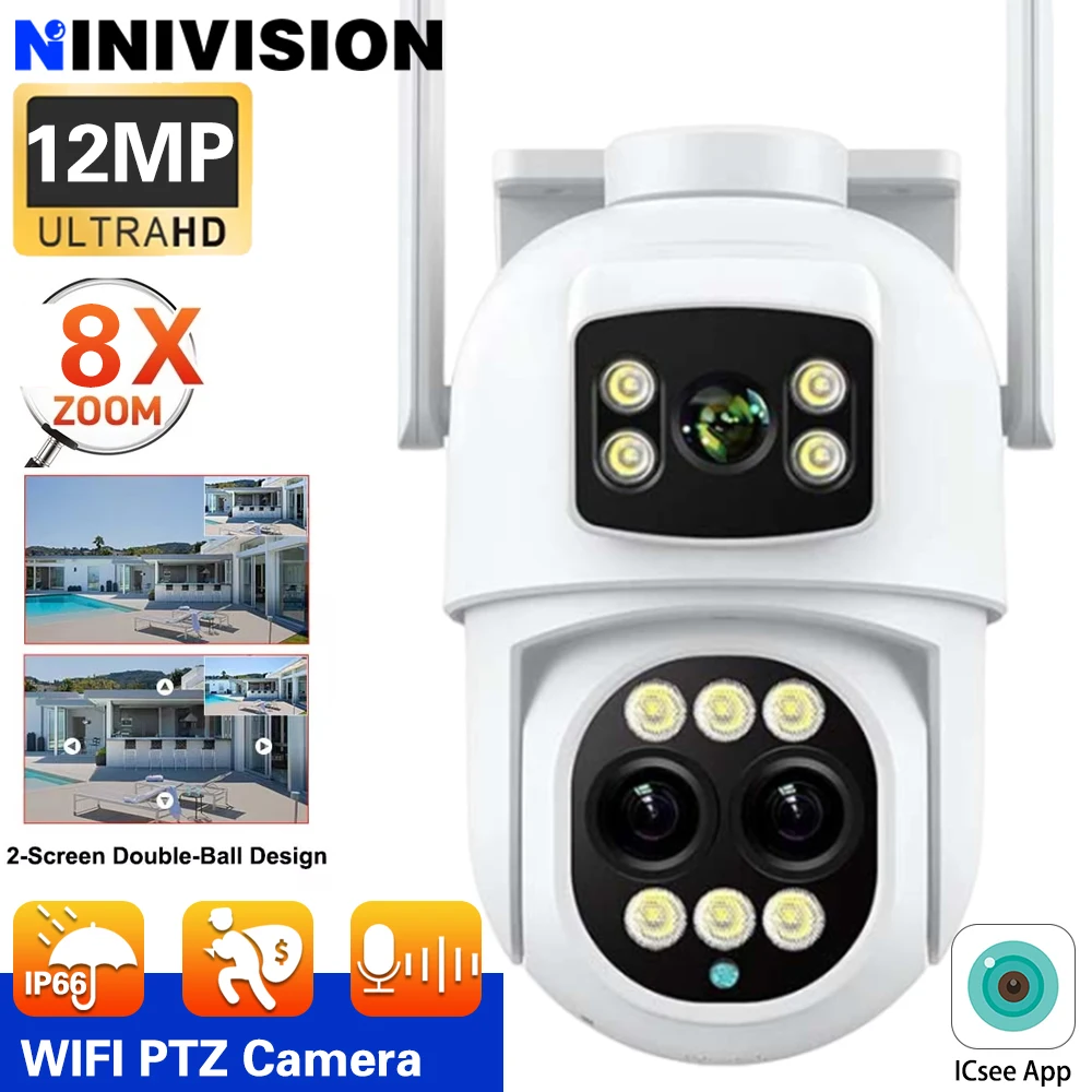 NINIVISION 12MP PTZ Kamera Wifi Dual Screen Auto Tracking 8X Digital Zoom Outdoor Sicherheit Schutz CCTV Überwachungs Kamera Image