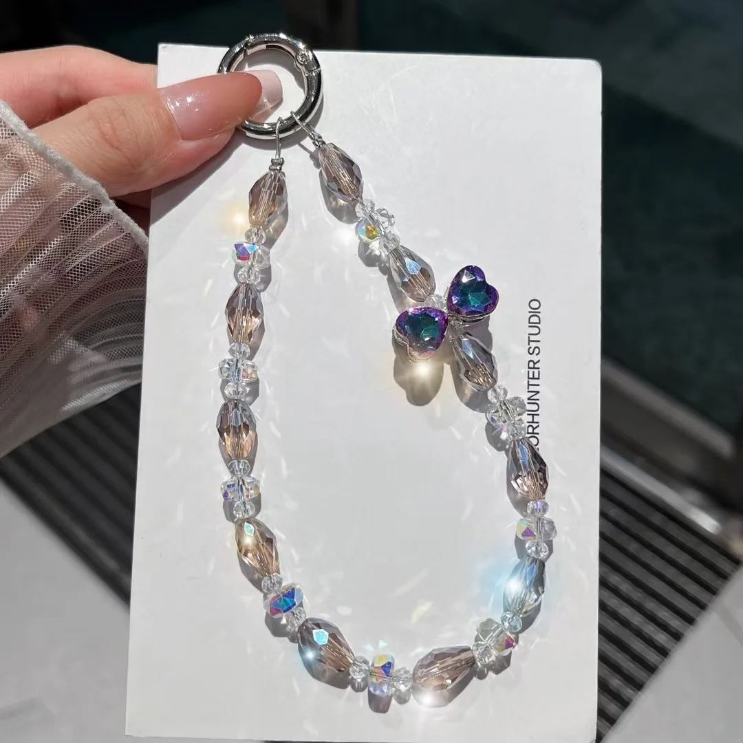 Handgemachte Perlen-Telefonkette, dreidimensionale Strass-Schleife, Ins Minderheit, Telefon-Hängeseil, hochästhetisches Schlüsselanhänger-Ketten-Lanyard Image