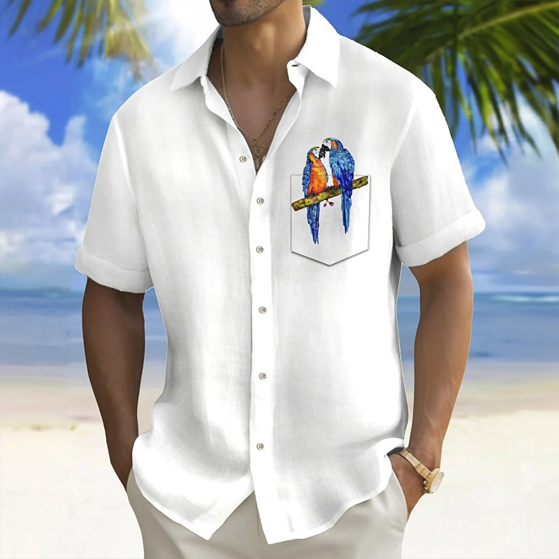 Men's Bird Parrot Shirt Summer Shirt Button Up Shirt Short Sleeve Fashion Casual Outdoor Vacation Dailywear Summer Spring Turndown 3D Print Collared Shirts Front One Pocket White