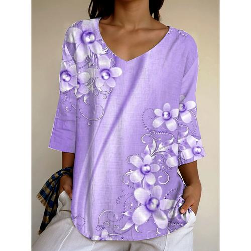 Women's Blouse Floral Graphic Plants Vintage Stylish Classic 3/4 Length Sleeve V Neck Regular Tops Daily Pink Blue Purple Green Summer Spring