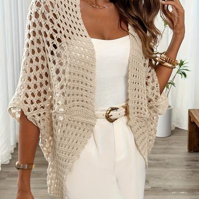 TEMU Elegant Women' Batwing Sleeve Hollow Out Cardigan - Semi-sheer, Eyelet Detail, Lightweight Summer Chic For Casual Or Dressy Outfits Image