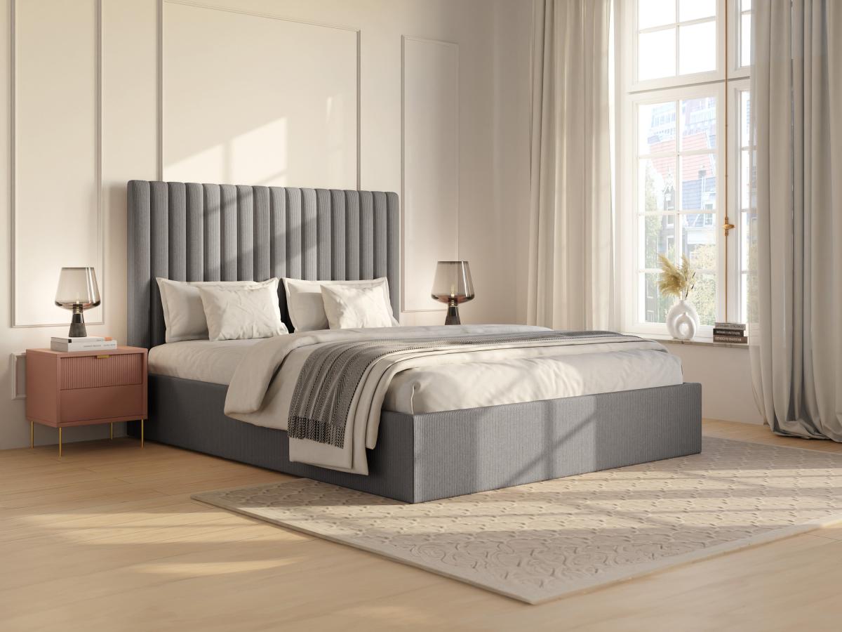 Letto con contenitore 160 x 200 cm con testata letto impunture verticali Velluto a coste Grigio SARAH