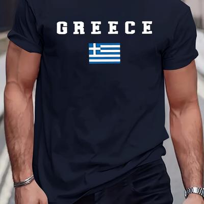 TEMU Men's Greece Flag Print T-shirt, 100% Polyester, Crew Neck, Casual , Stretch Knit Fabric, Regular Fit, Summer , 175gsm - Wear Image